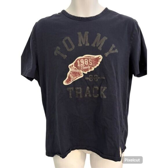 Tommy Hilfiger Y2K Navy Blue Track  T-Shirt. Size Medium - Picture 1 of 7
